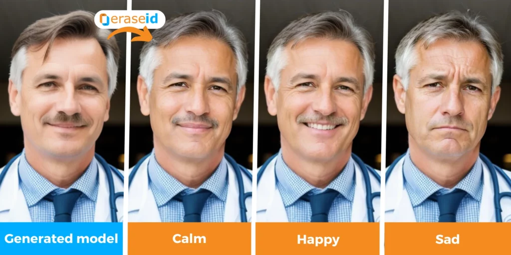 Four faces: an original and three AI-generated EraseID variations with unique expressions, all depicting a doctor.