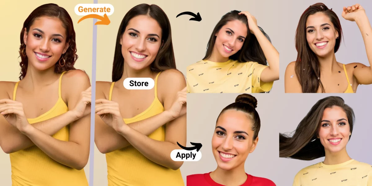 A picture of a smiling woman, for who a new identity has been generated and used in different poses, expressions, looks and hairstyles with EraseID.