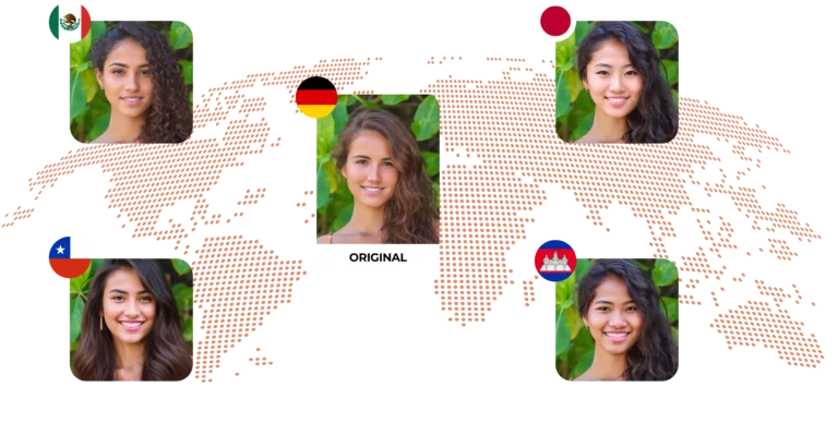 A world map illustration with pictures of diverse women with country-typical faces generated by EraseID.