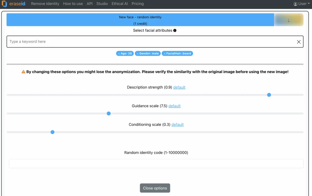 Customization options for an image uploaded on EraseID to get an anonymous identity