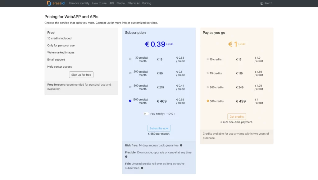 EraseID has a pricing page as a Random Facial Expression Generator