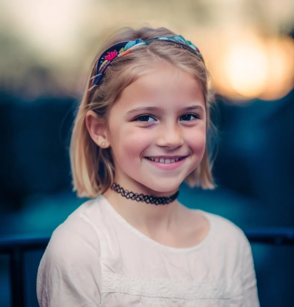 A young girl wearing a black choker necklace and a white shirt smiling at the camera. Anonymized with eraseid