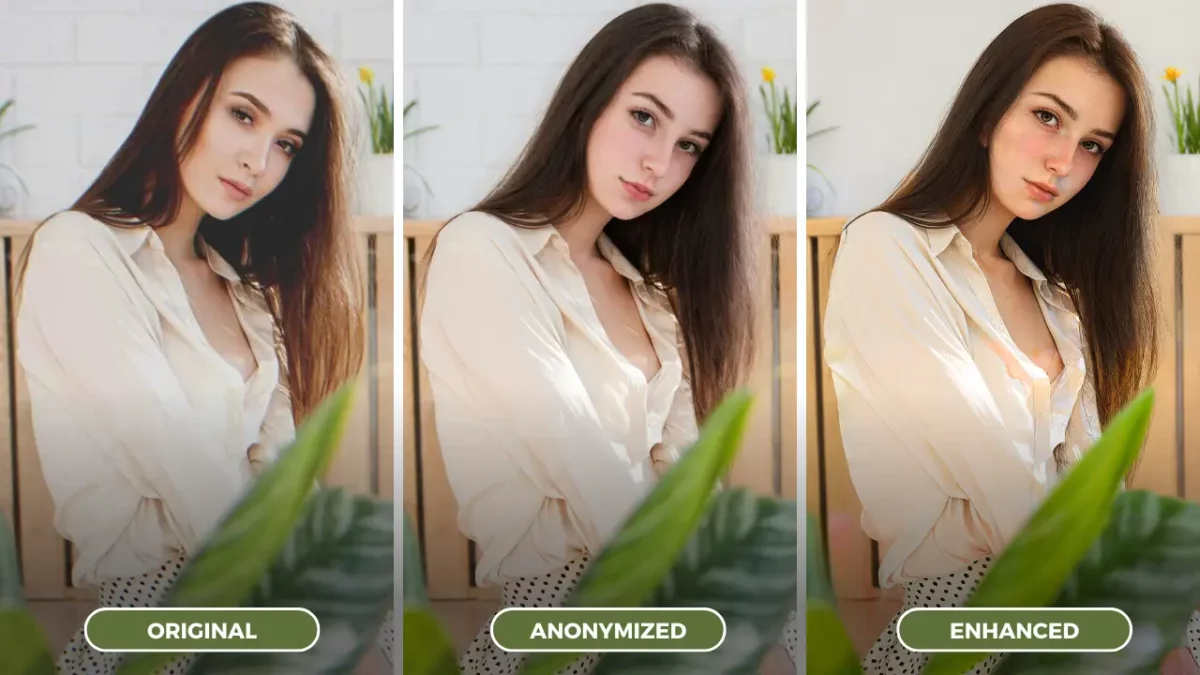 AI Face Fixer, imagen de una hermosa niña posando para una foto, comparación de imagen original a imagen anonimizada y luego mejorada