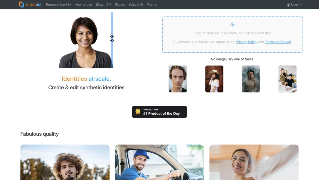 EraseID platform's homepage, which allows user to upload photos and edit them using AI