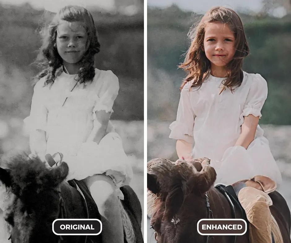 how to restore old photos using AI by SuperID of a girl riding a horse