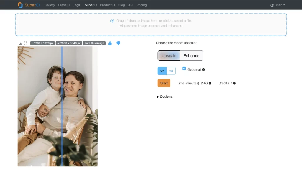 SuperID's before and after comparison of a picture by using upscaler feature to show how to Sharpen a Blurry Image