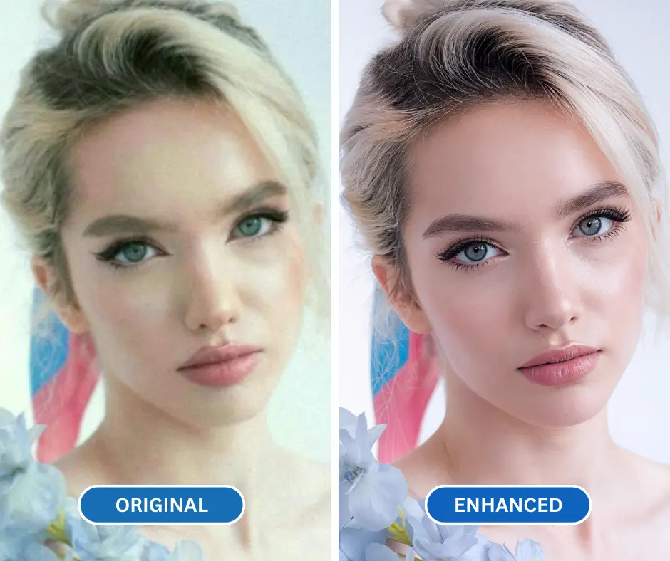 ai photo resolution enhancer vor und nach dem Ergebnis der Nahaufnahme eines Mädchens