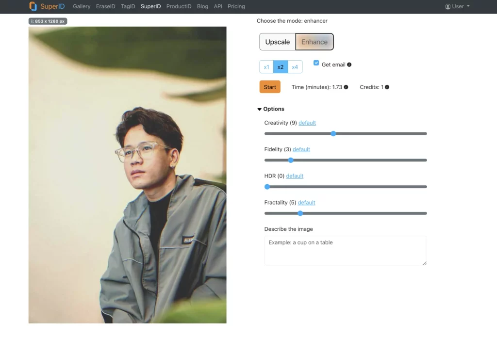 enhance quality of picture using SuperID AI platform to improve image of a guy wearing glasses