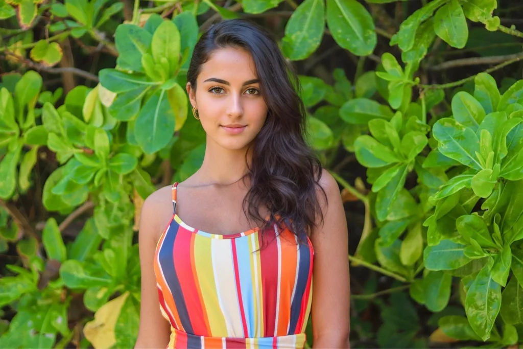 A woman wearing a striped dress is smiling and posing for a picture in front of a green plant. She has long, dark hair and is standing next to a leafy tree. The image is bright and cheerful, with the woman's smile and the vibrant colors of her dress creating a positive atmosphere.