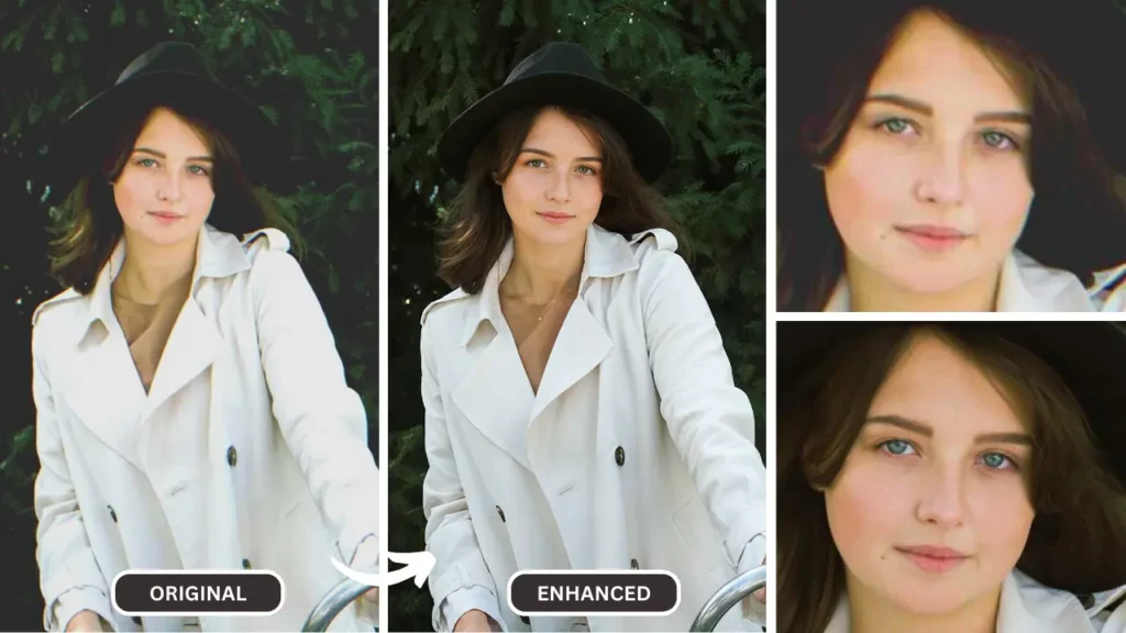 comparing is there a way to enhance picture quality using AI by superID on a girl wearing white coat and black hat