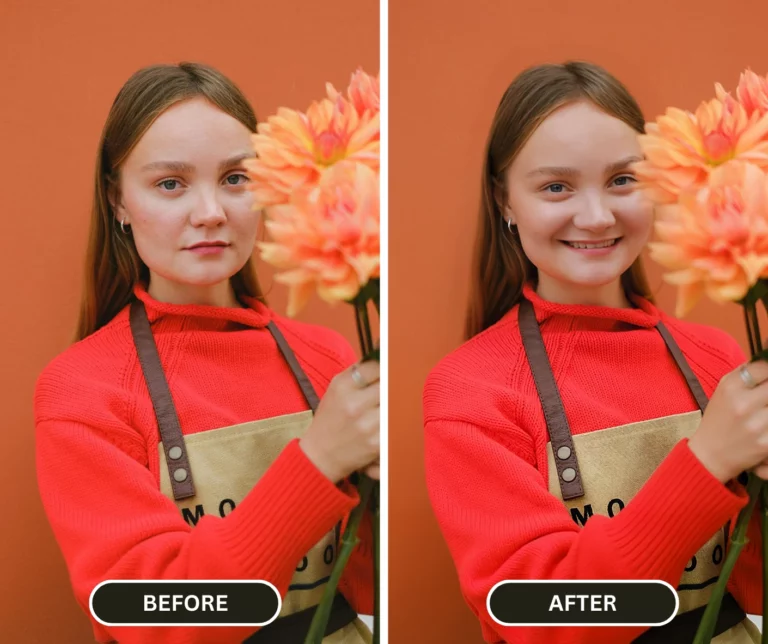 AI smile generator of a girl wearing red shirt holding flowers