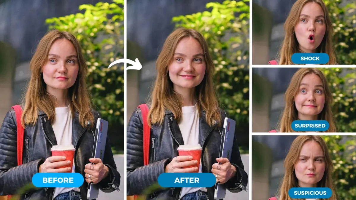 Smiling Face AI of a young woman, whose expressions are changed using AI by EraseID tool