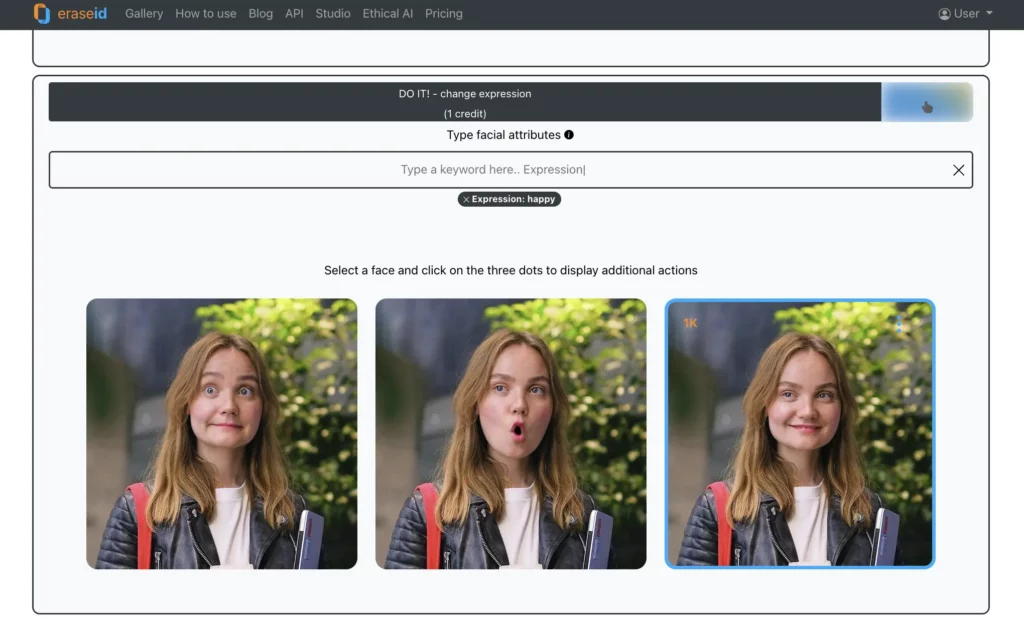 Multiple output of images being made using Change expression feature offered by EraseID