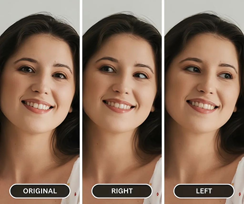 AI change eye direction on a woman wearing white blouse and smiling