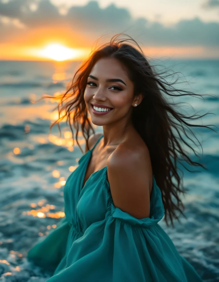 A woman standing on the beach at sunset wearing a green dress