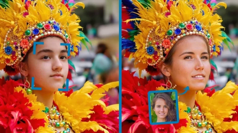 face swap example of a woman wearing a colorful costume and a headpiece, Rio carnival costume virtual try on