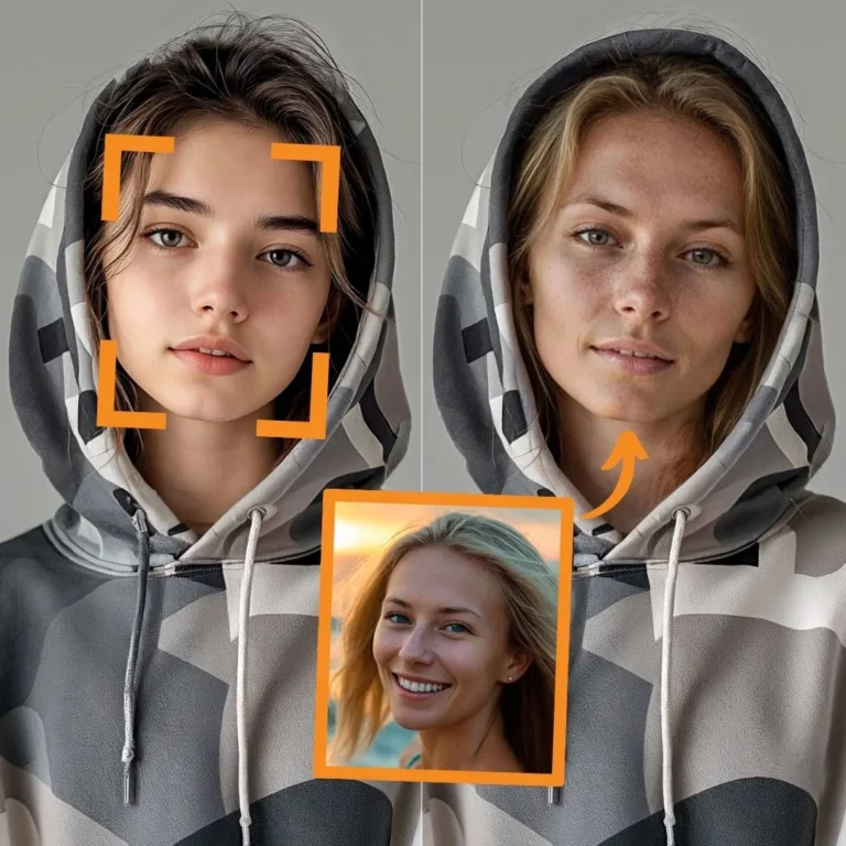 face swap of a woman with gray hoody