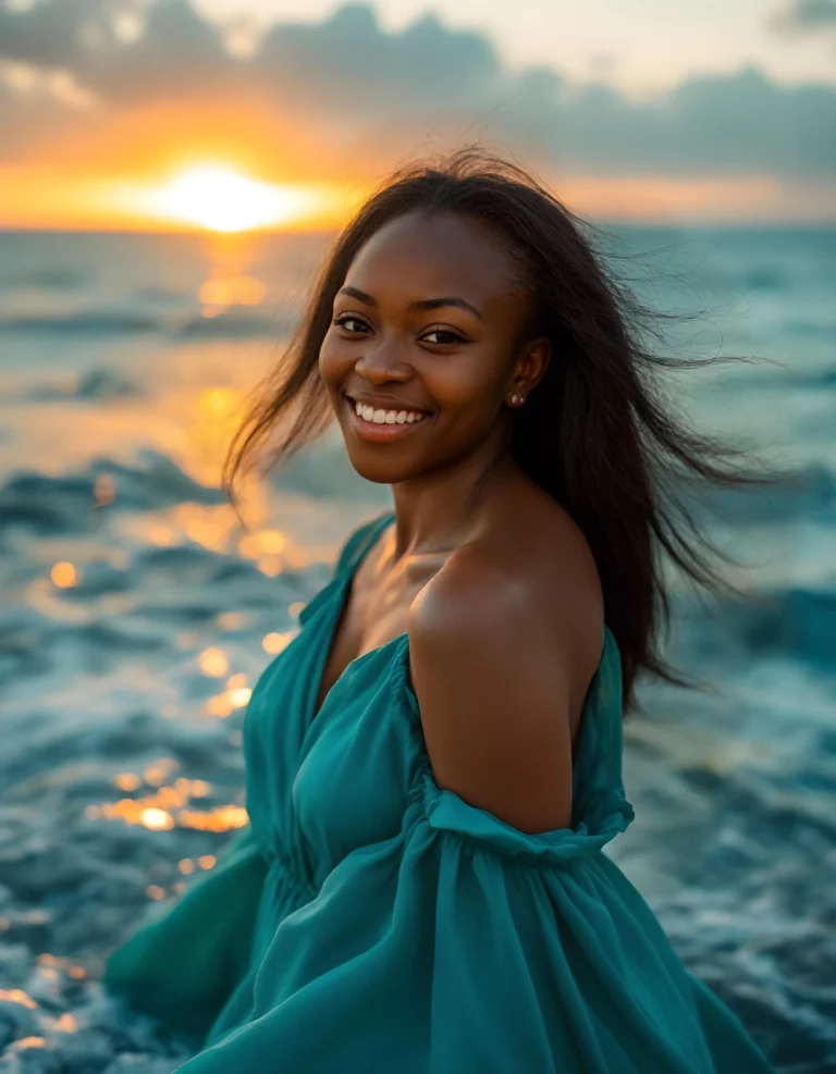 A woman standing on the beach at sunset wearing a green dress