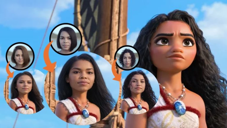 Moana Disney animation face swap. Example with three nice women faces