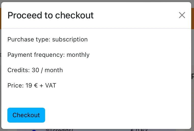 The image features a screen displaying a check-out page for a subscription service. The subscription type is listed as "monthly" with a frequency of 30 months.