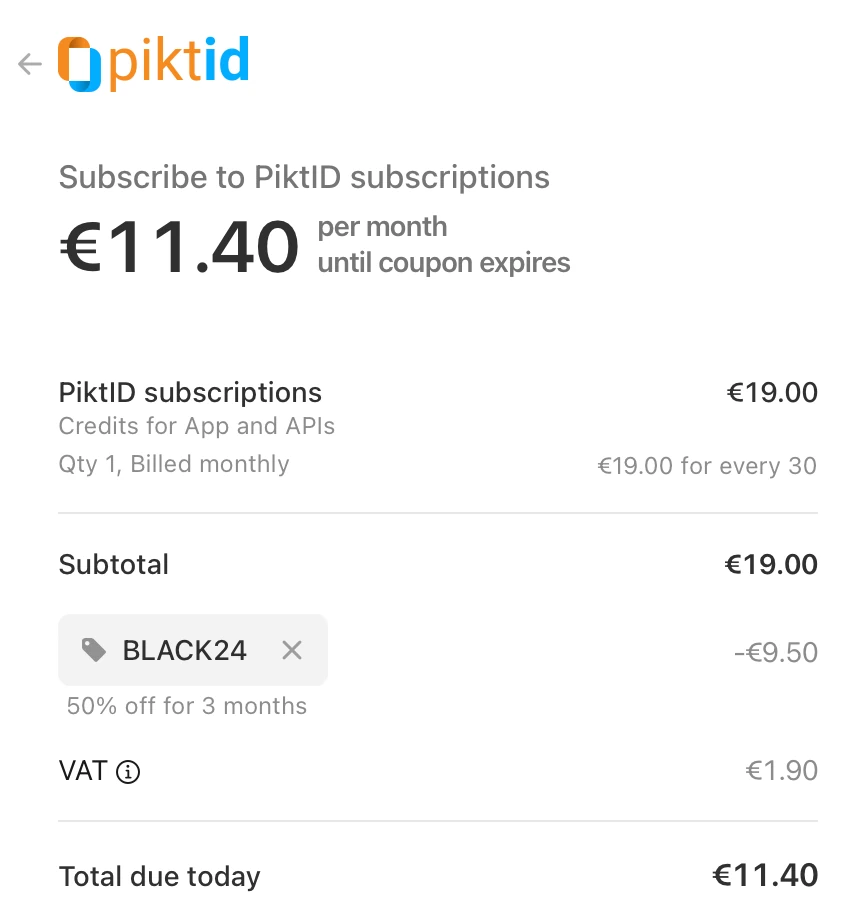 PiktID checkout session made with Stripe. It shows the the applied discount code and the discounted final price.