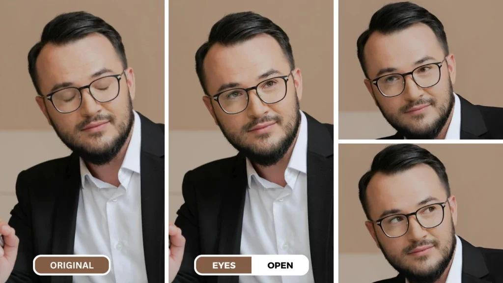 AI photo eye opener using the power of EraseID to open eyes and change eye direction on a man in black suit with eyeglasses