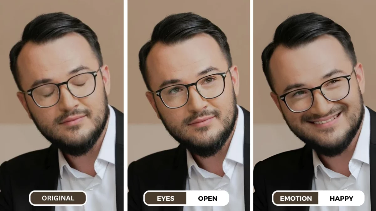 AI photo eye opener using EraseID on a man wearing black suit and eyeglasses