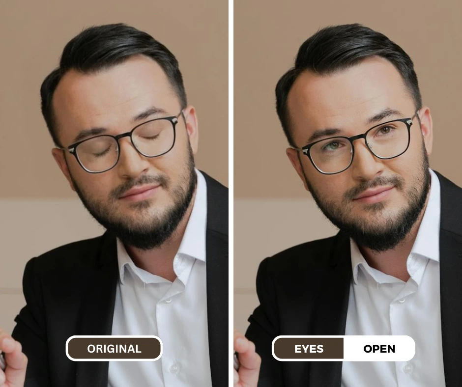 AI photo eye opener using EraseID on an image of a man in suit