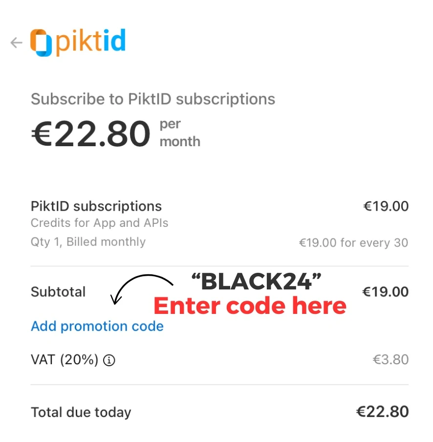 PiktID checkout session made with Stripe. It shows the button to add the discount code.