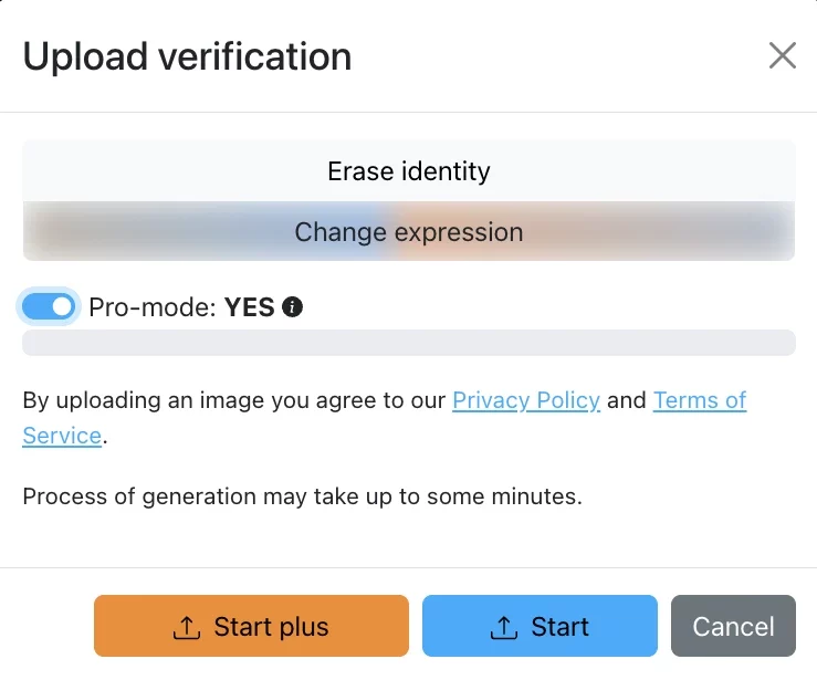 Upload verification by EraseID asking to choose between "erase identity" and "change expression"