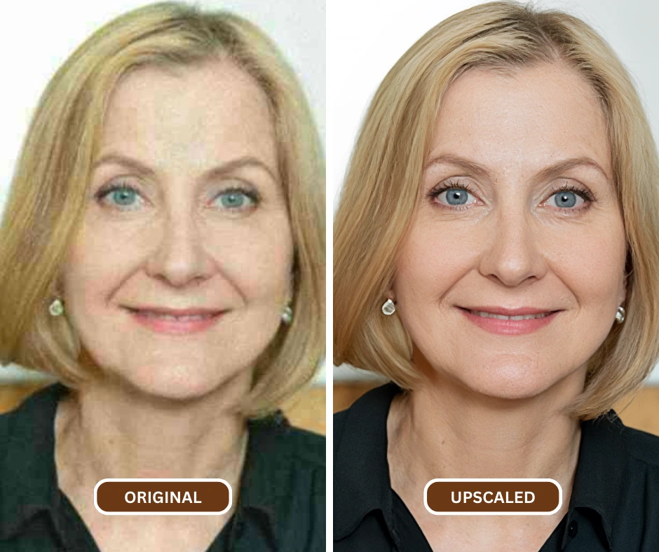 ai image sharpener being used on original image of a blonde woman