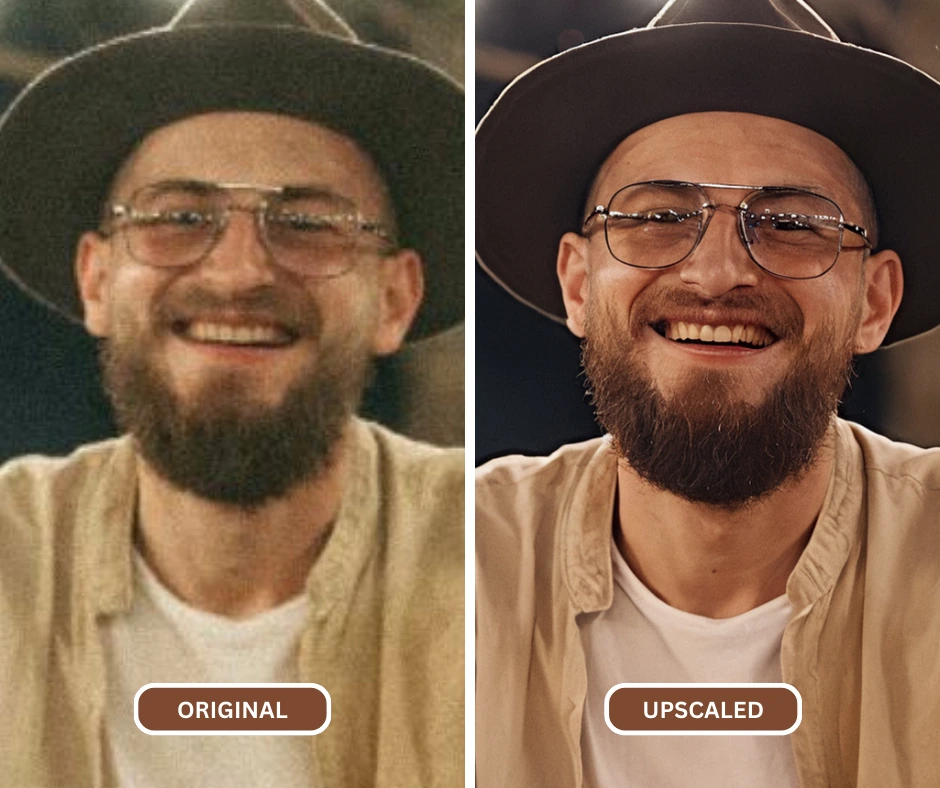 ai image upscaler api of a bearded man in brown hat eyeglasses and white Tshirt