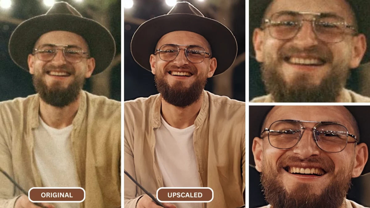 ai image upscaler api of original and upscaled image of a man camping wearing hat and eyeglasses