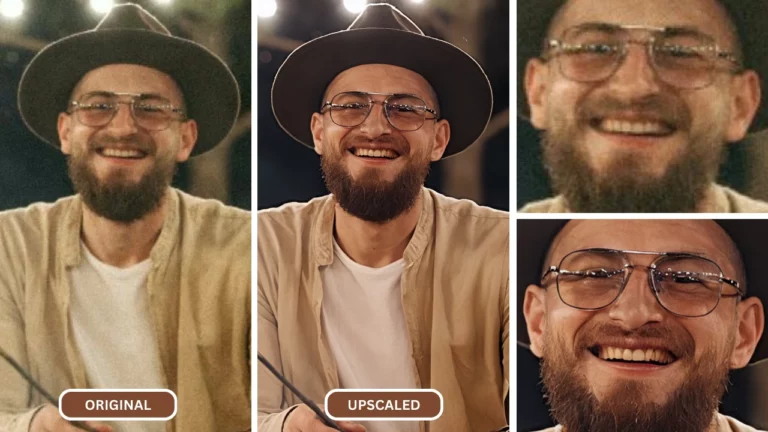 ai image upscaler api of original and upscaled image of a man camping wearing hat and eyeglasses