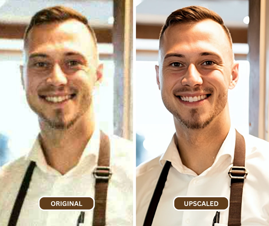 how to unpixelate an image comparison of original and upscaled image of a chef