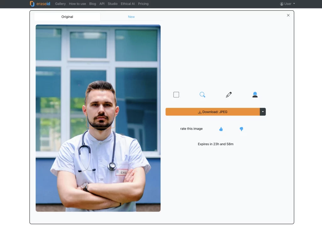 Uploading an image of a doctor wearing stethoscope on a Marketing Tool Face Generator called EraseID