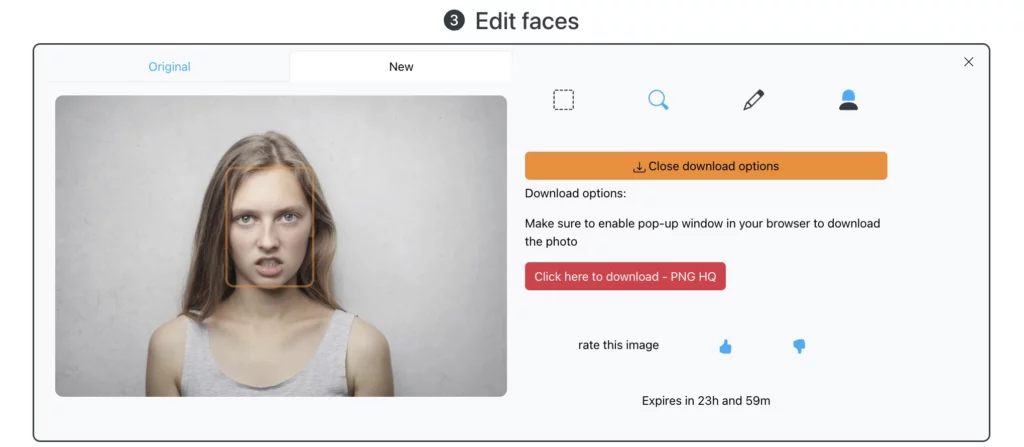 EraseID offering services AI angry face generator to make an angry face of a woman in grey top and blonde hair