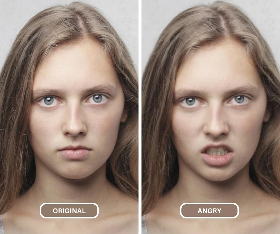 AI angry face generator using EraseID on an image of a blonde woman