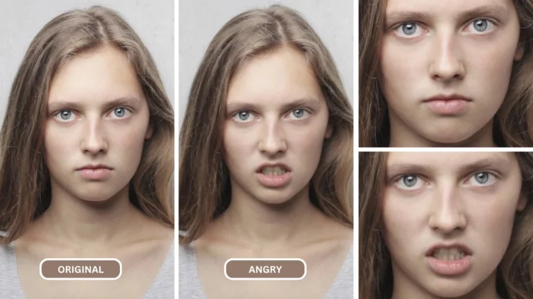 AI angry face generator by EraseID on an image of a blonde woman in grey top