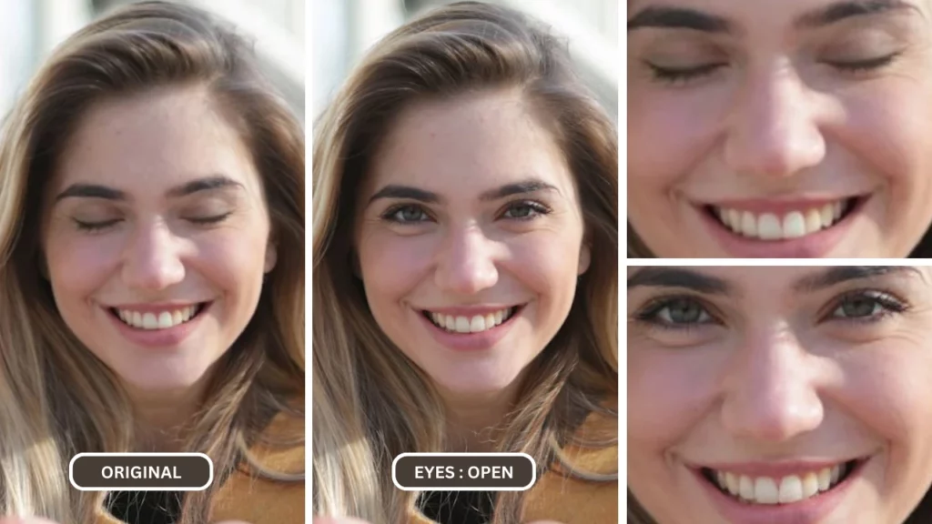 Opening eyes of a Smiling Woman in Brown Sweater with an app to open eyes in photo