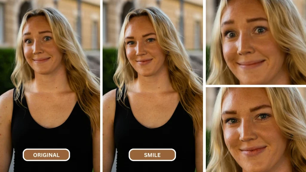 Smiling Blonde Girl using fix my smile app change expression feature by EraseID