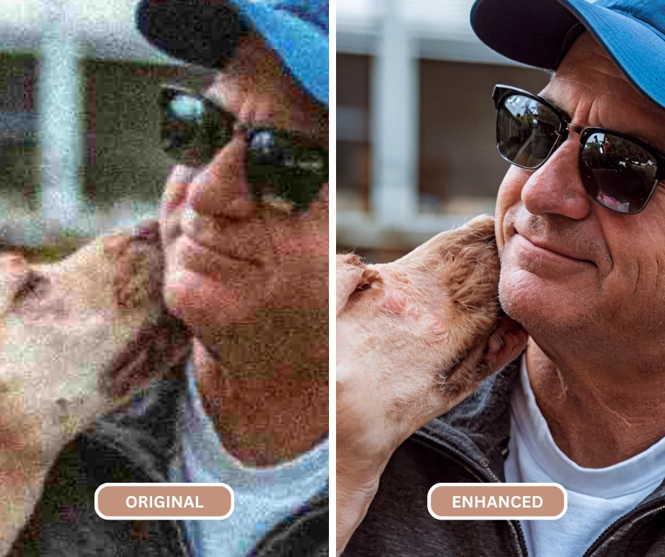 fix pixelated image of an old man in sunglasses and blue cap with a dog