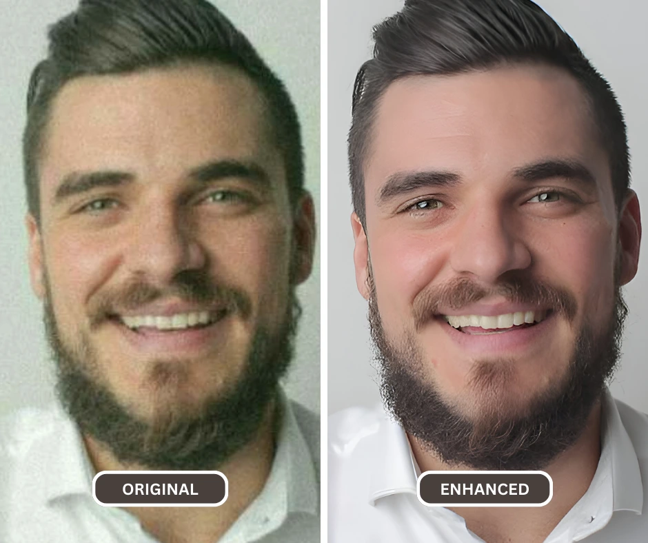 how to enhance a blurry photo of a bearded man in white office shirt smile and look at the camera