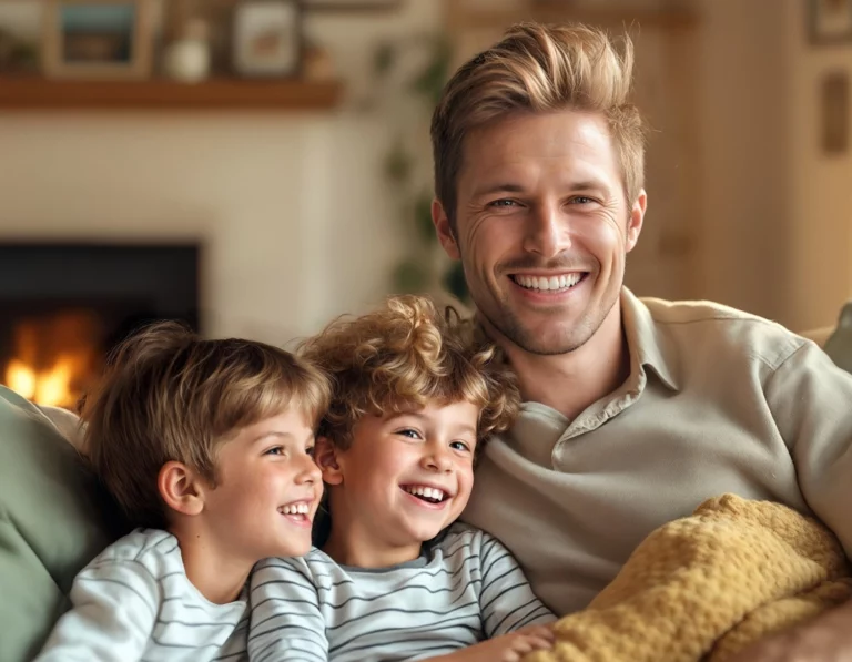 Un hombre está sentado en un sofá con dos niños, todos sonrientes y disfrutando de su tiempo juntos, modelos de moda.