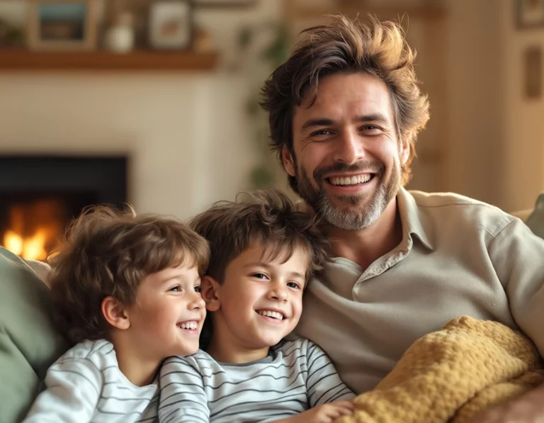 El padre está sentado en un sofá con dos niños, todos sonriendo y disfrutando de su tiempo juntos, modelos de moda.