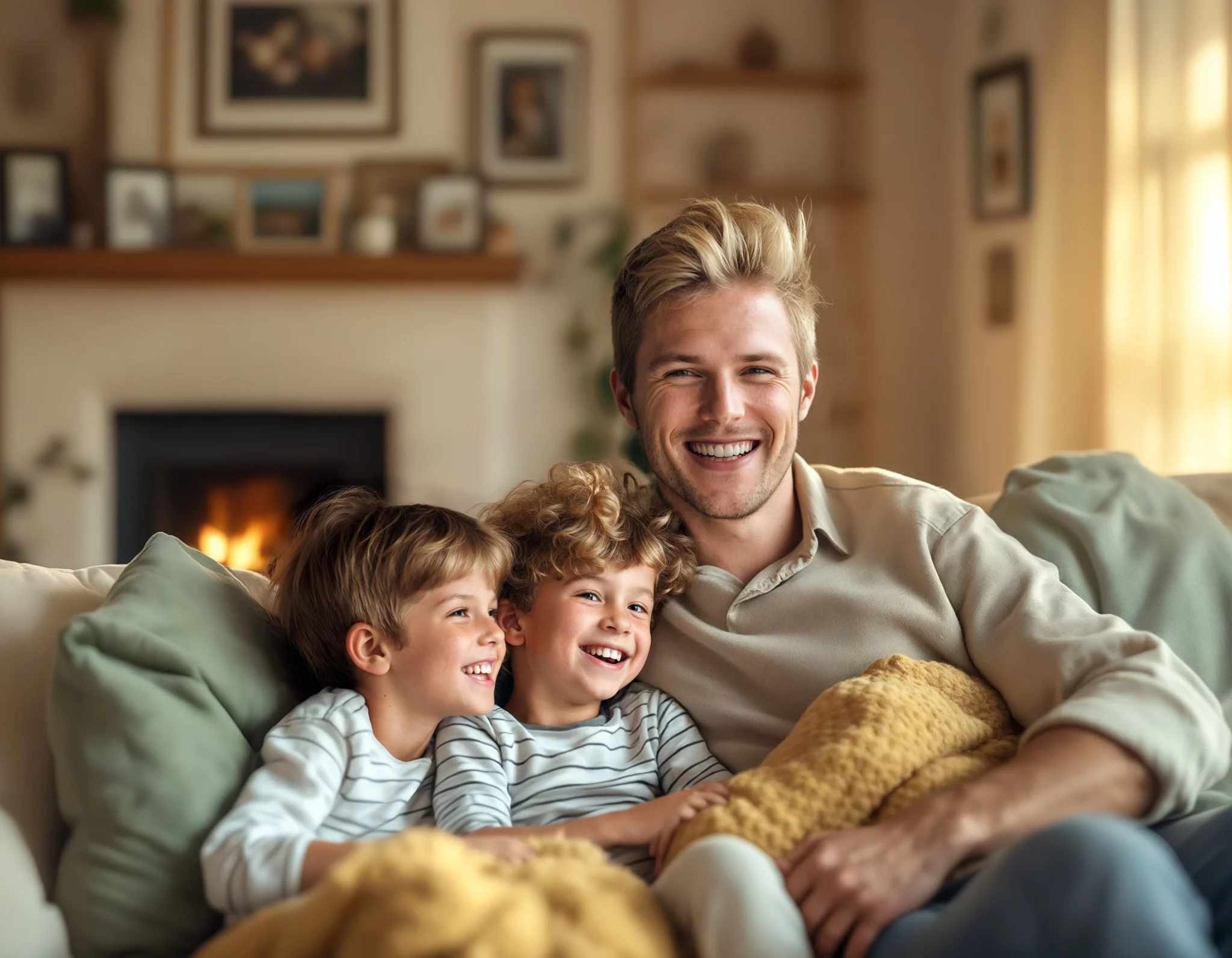 Blonder Mann im cremefarbenen T-Shirt mit 2 lächelnden Kindern