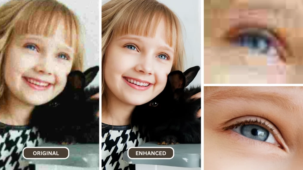 4K Upscaling of a beautiful little girl with blue eyes and black cat