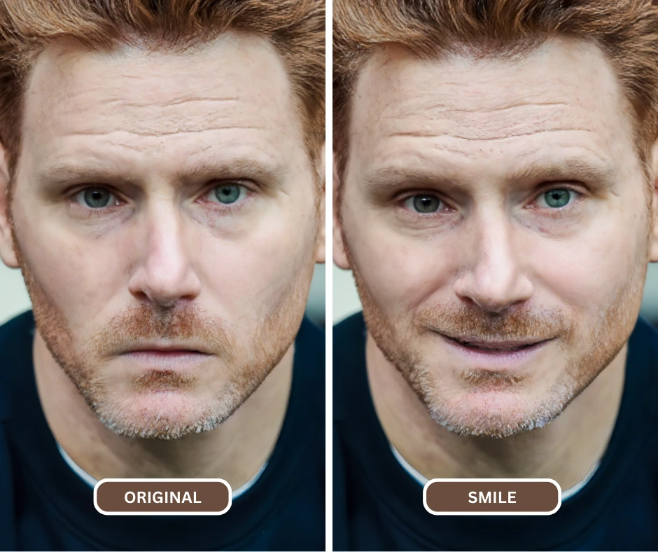 Man with brown hair and blue eyes closeup while smiling using EraseID's change expression feature