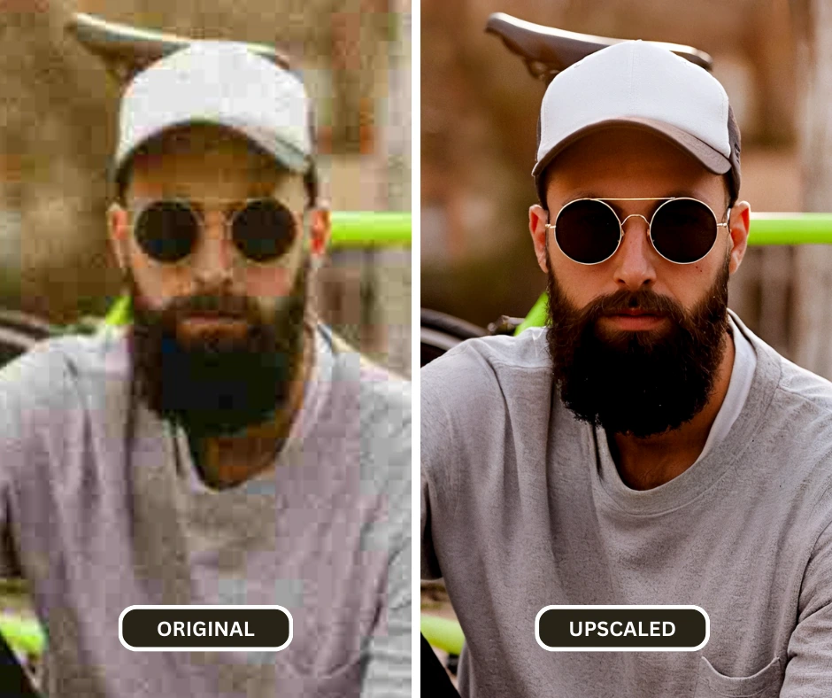 Image Unblurring using SuperID on an image of a bearded man in sunglasses and white cap