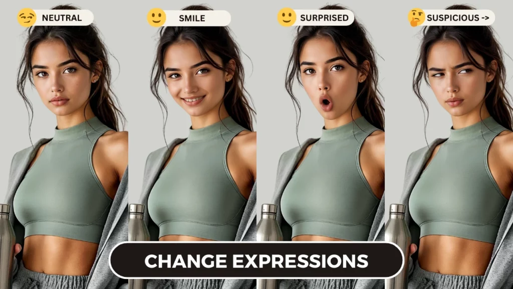 Young girl with long hair and water bottle changing expressions using EraseID while being in a gym outfit